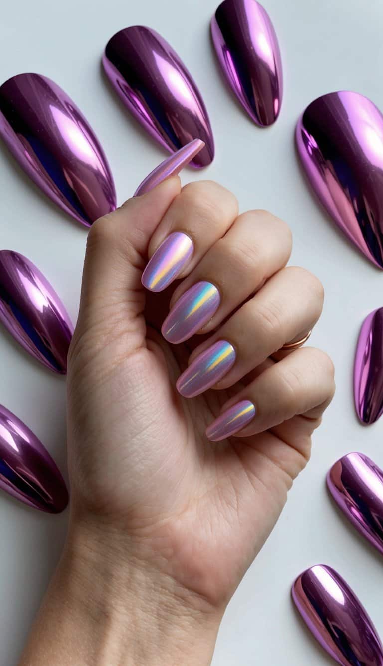 A hand holding a nail with holographic pink tips, surrounded by various pink chrome nail art designs