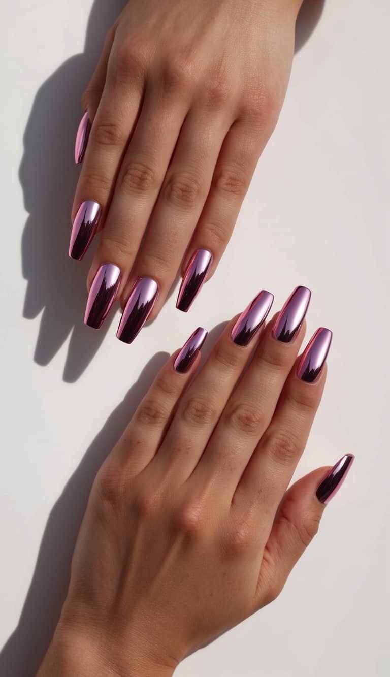 Rouge pink chrome nails, combining a rich, rosy hue with a sleek, mirror-like finish