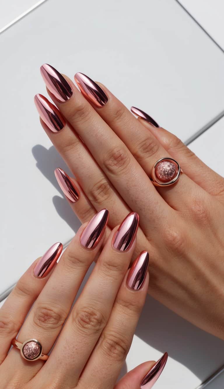 A collection of rose gold accented pink chrome nail art designs displayed on a sleek, minimalist background