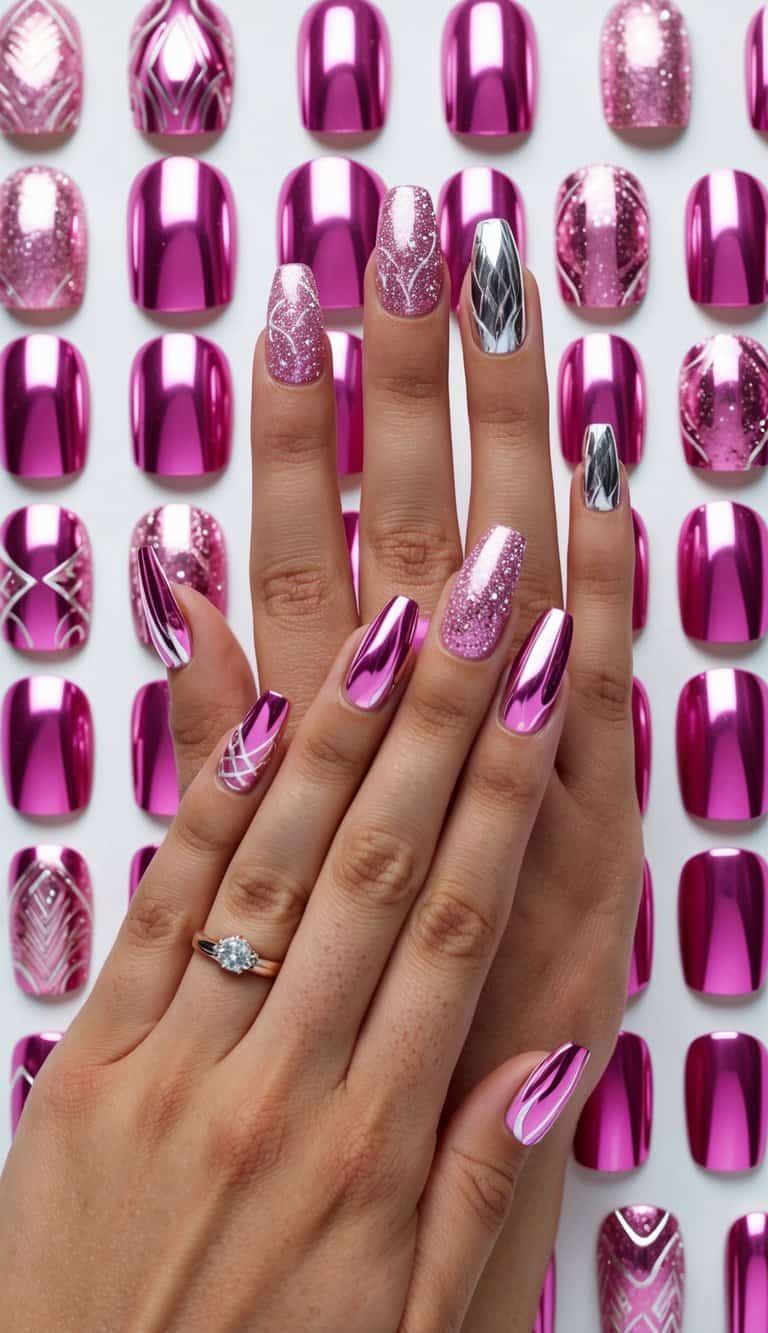 A display of 50 pink chrome nail art designs, featuring various intricate patterns and shimmering details