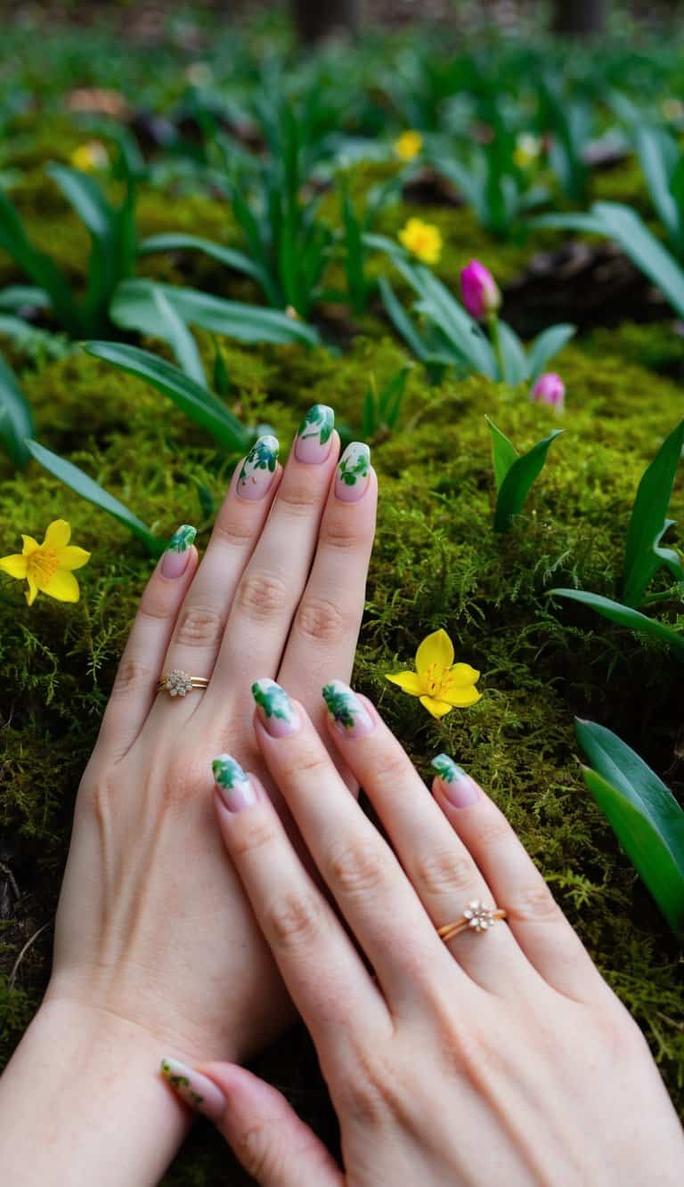 A lush, moss-covered forest floor with vibrant spring flowers peeking through the greenery
