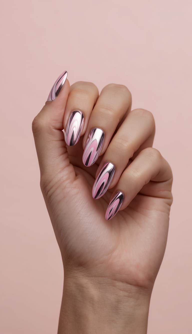 A nail with pink chrome swirls against a blush background