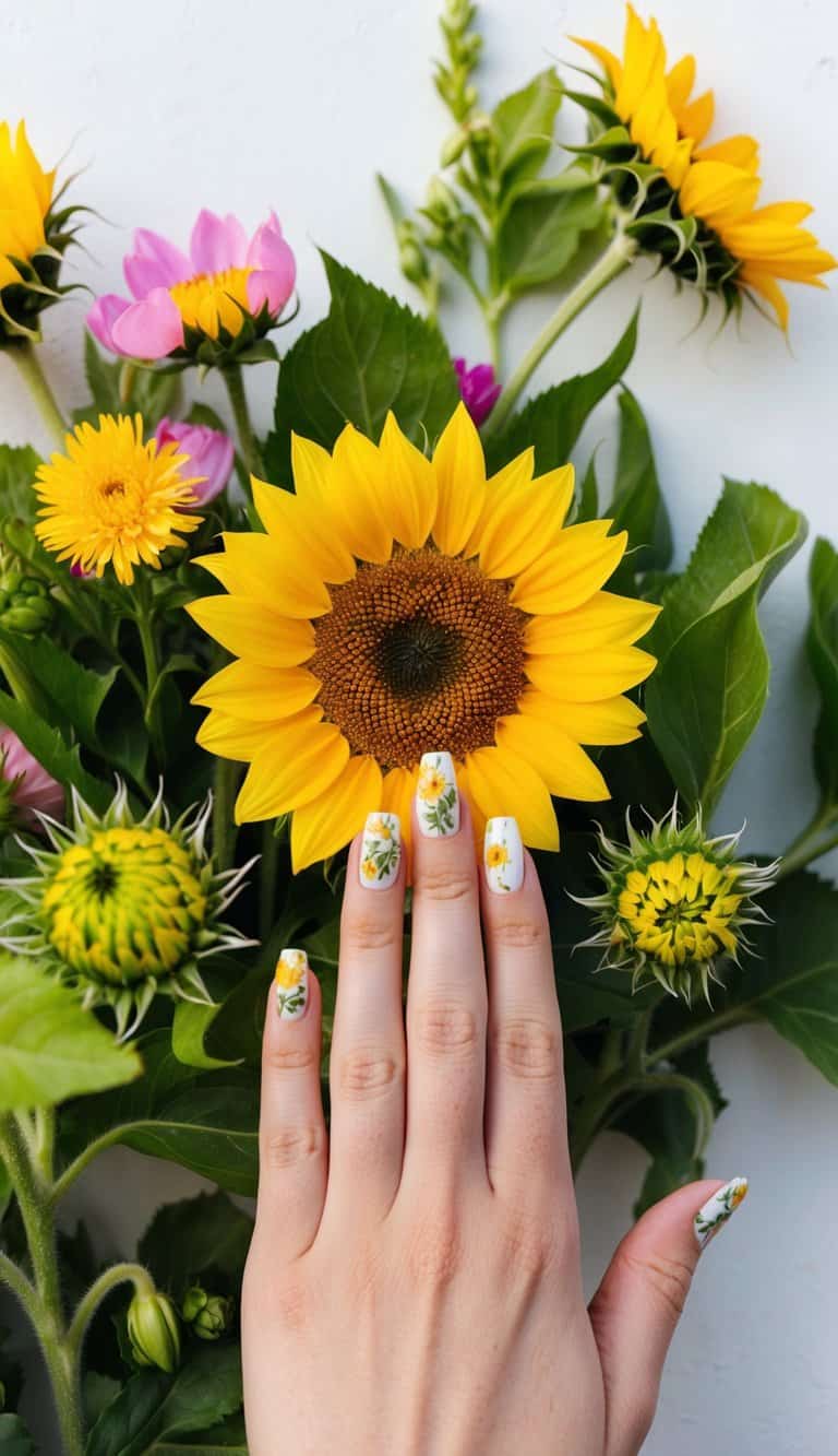 A sunflower blooming under the warm sun, surrounded by vibrant spring flowers and green foliage