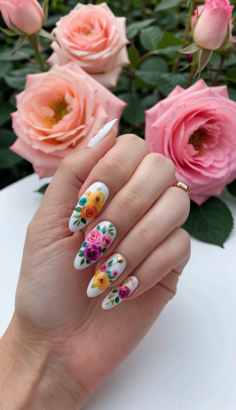 A blooming rose garden with colorful floral nail art designs on display