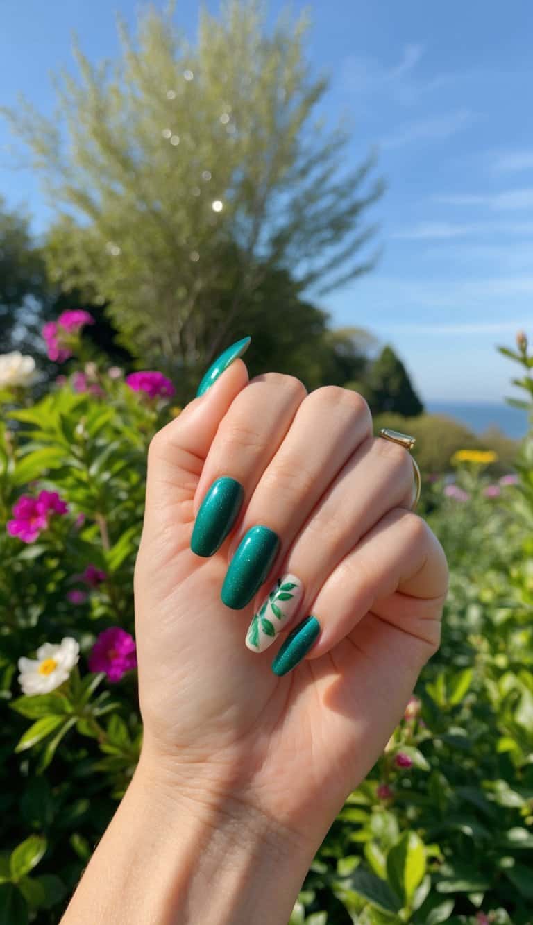 Emerald green glitter nails with a nude accent nail featuring leaf designs