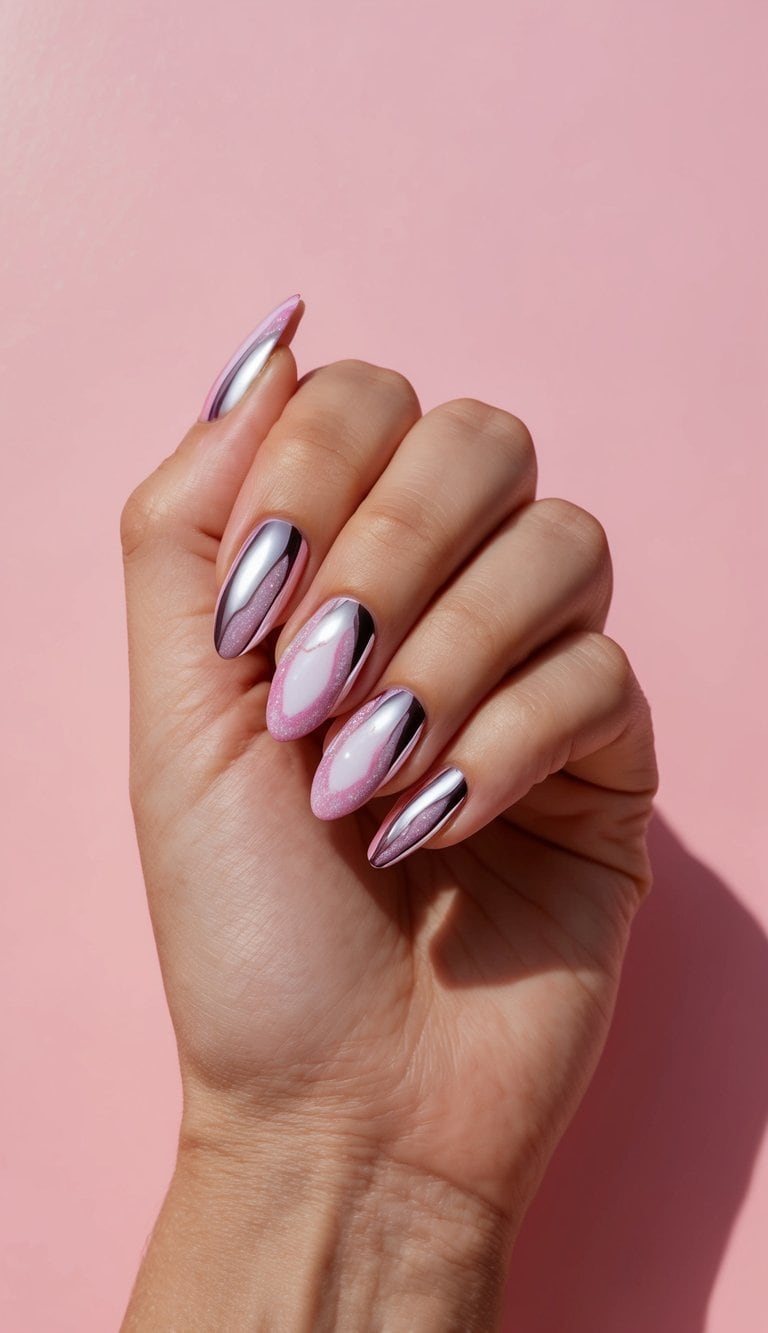 A close-up of elegant pink geode-inspired nail art, with a shiny chrome finish, set against a soft pink background