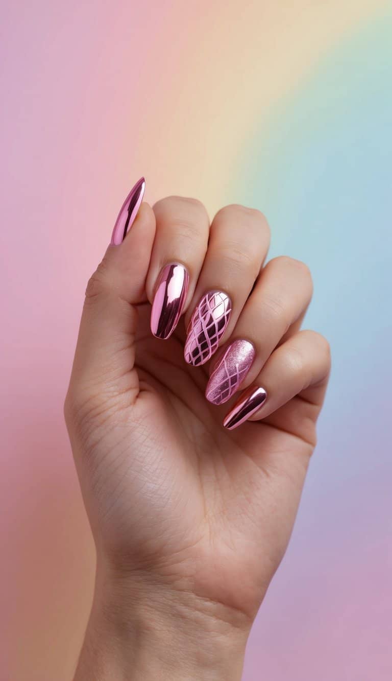 Barbie pink chrome nails featuring crisscross lines and a dazzling glitter accent nail