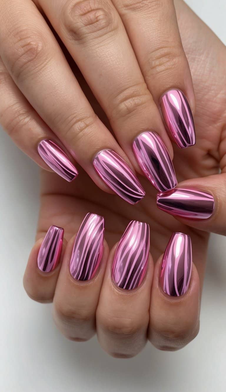A close-up of pink chrome nail designs in a swirl pattern