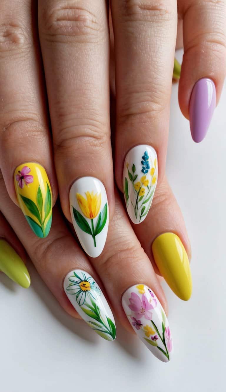 A colorful array of spring-themed nail art designs featuring flowers, leaves, and other nature-inspired elements