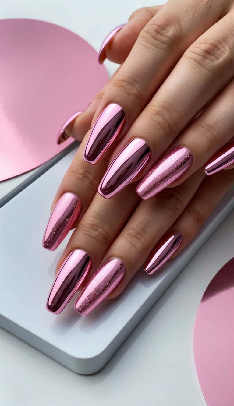Pink chrome nails with metallic shimmering accent nails displayed on a sleek, modern surface with pink foil accents