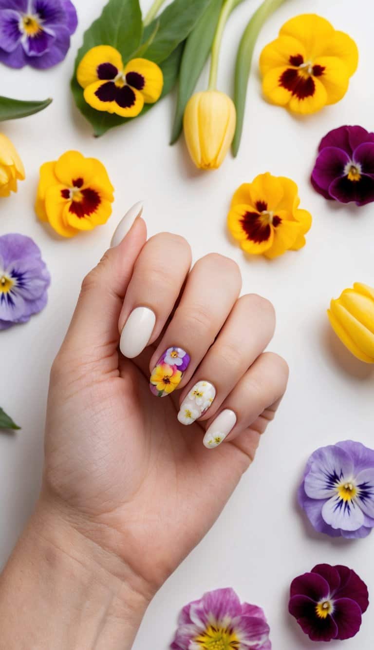 A colorful palette of spring flowers, including pansies, daisies, and tulips, arranged on a white background