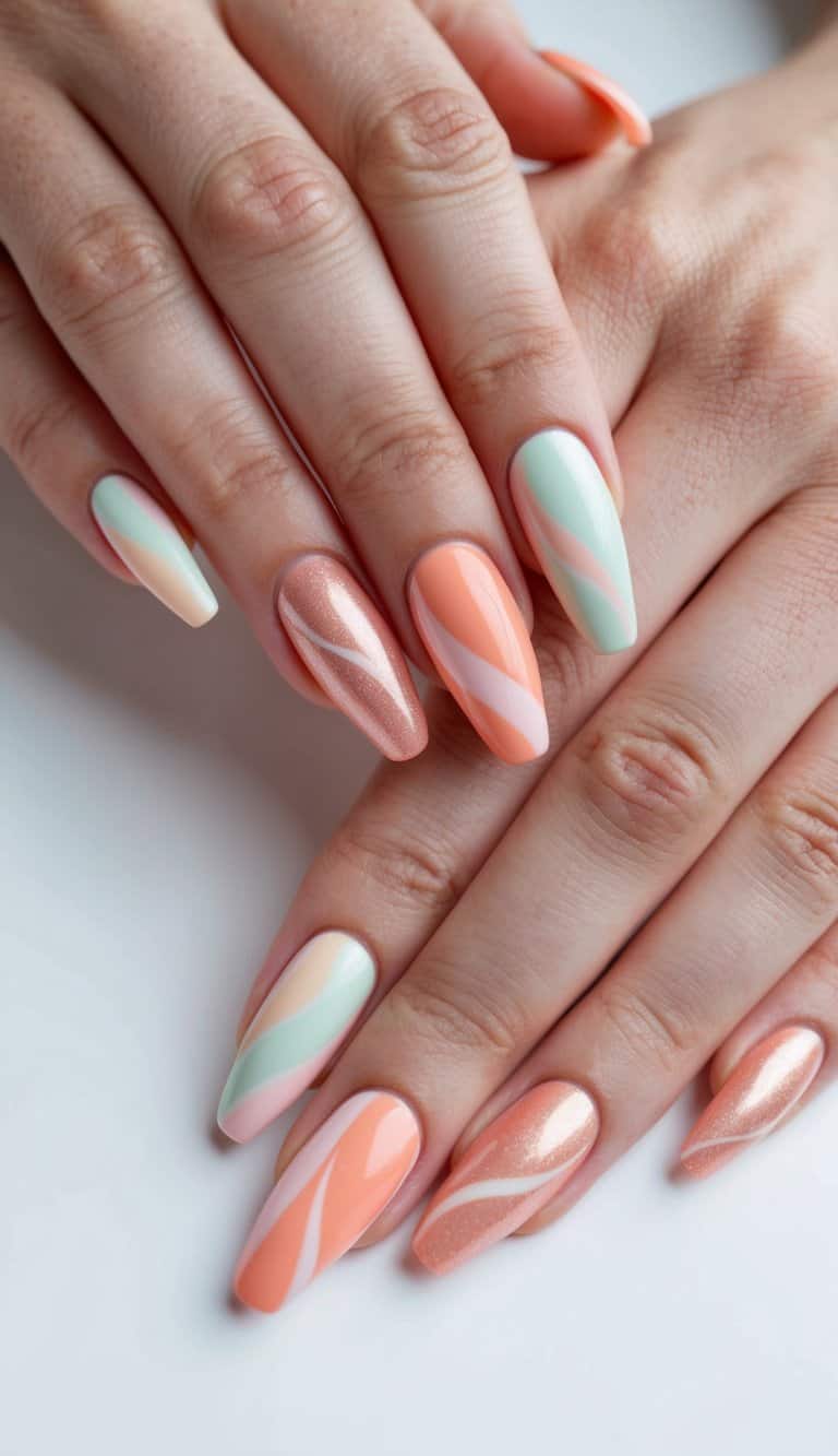 A delicate swirl of salmon and pastel hues on a set of spring-themed nails