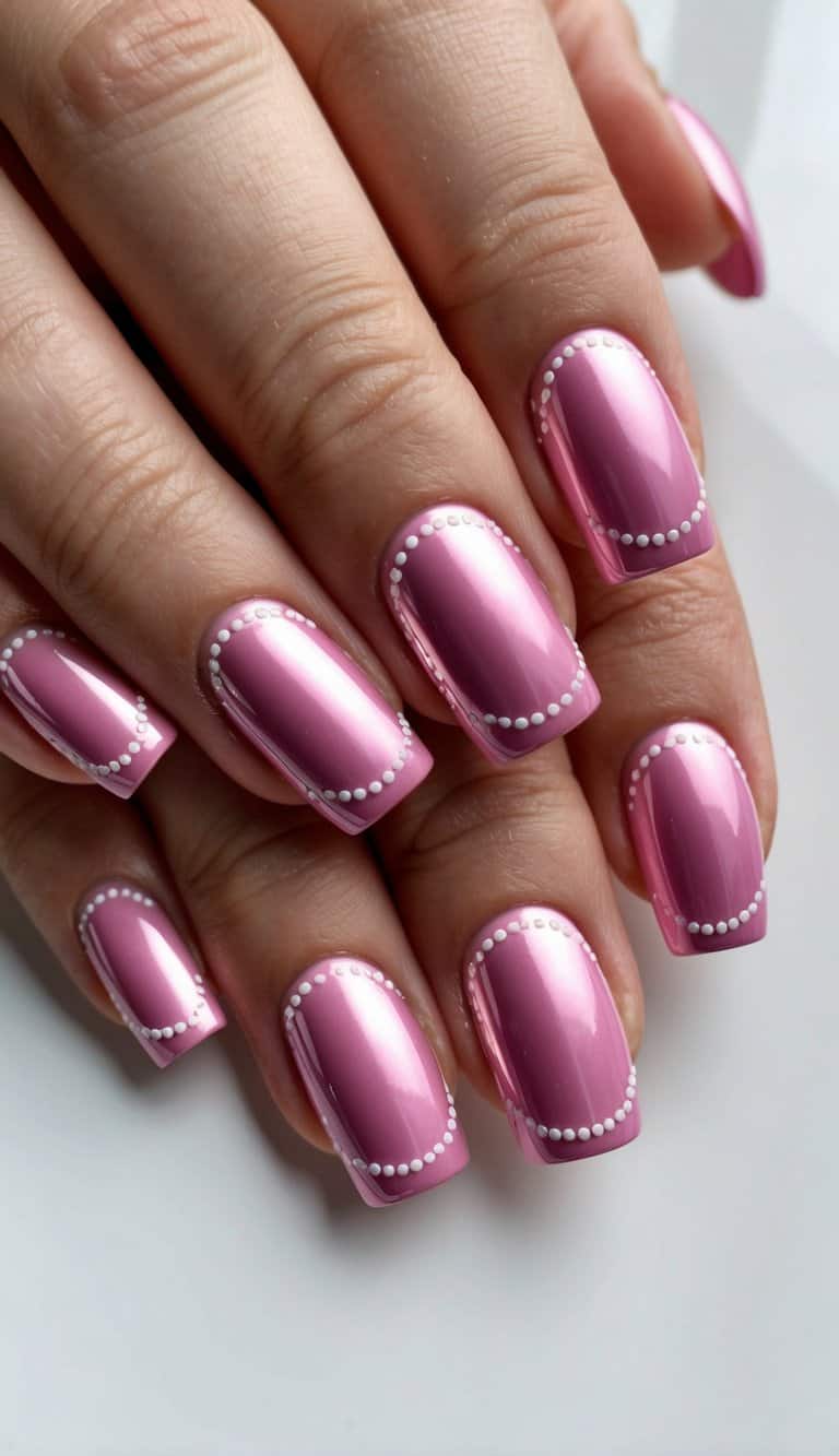 Pink chrome nails with delicate dotted accents forming elegant curves along the tips and cuticles for a chic, modern look