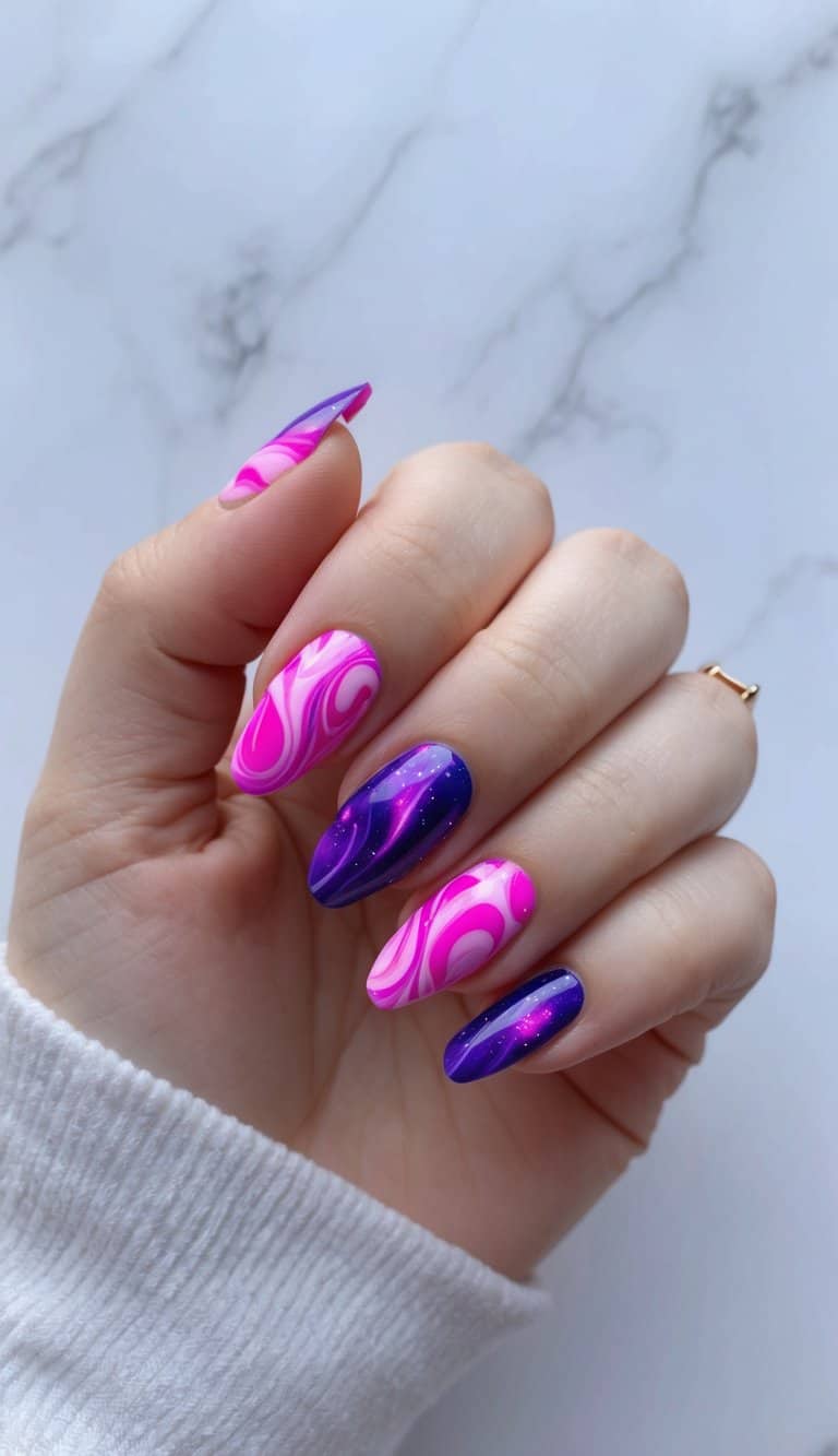 Vibrant pink and purple swirls against a galaxy backdrop