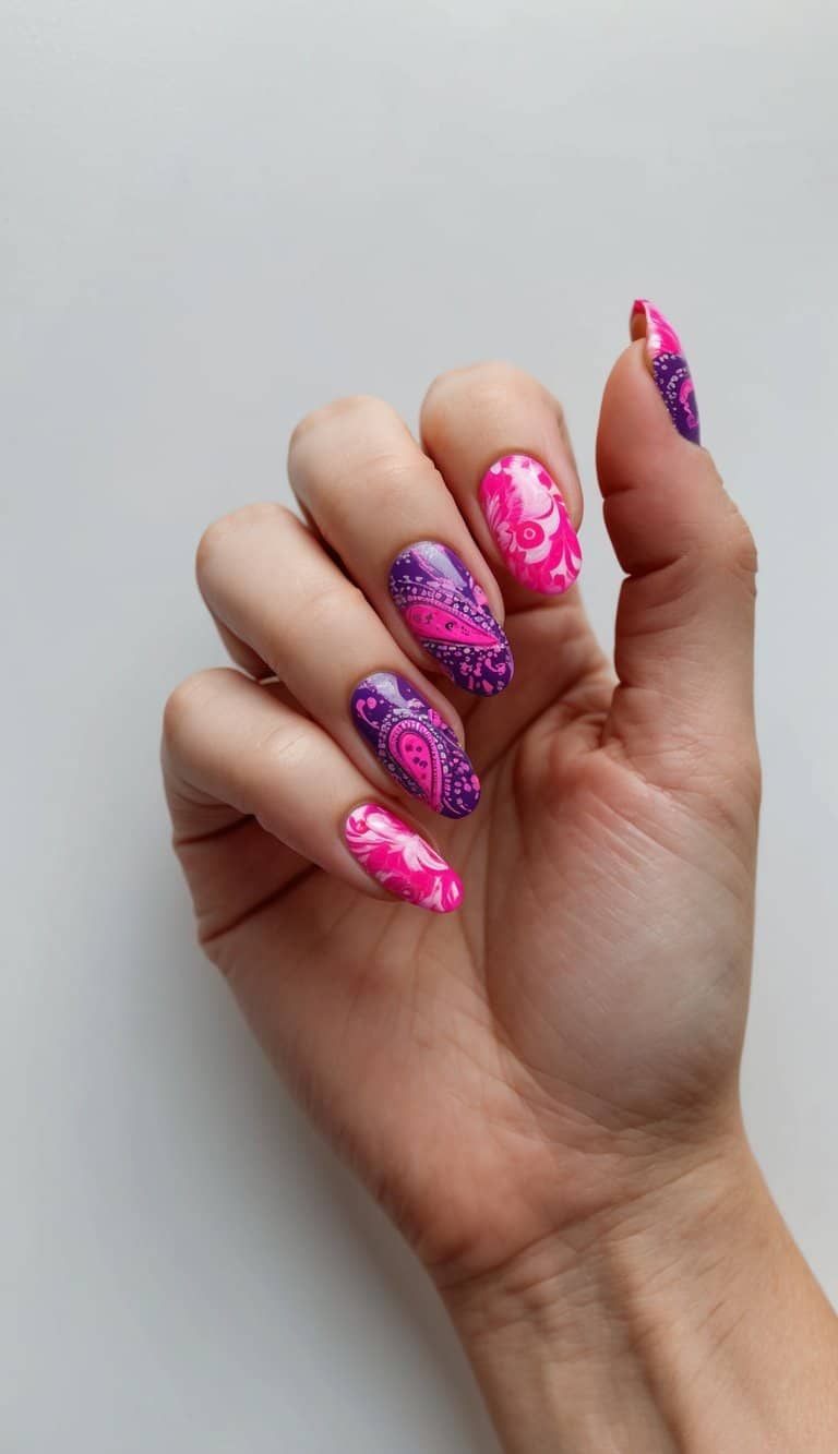 Vibrant pink and purple floral paisley nail art designs on a clean, white background
