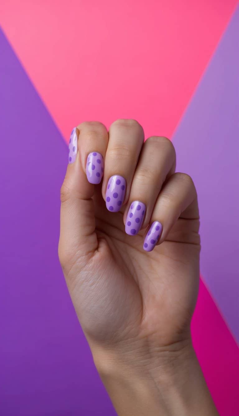 A hand holding a nail with lavender polka dots against a vibrant pink and purple background