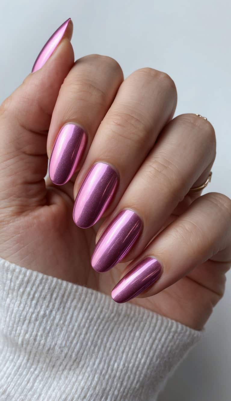 A hand holding a nail with a pink chrome finish, shimmering under the light