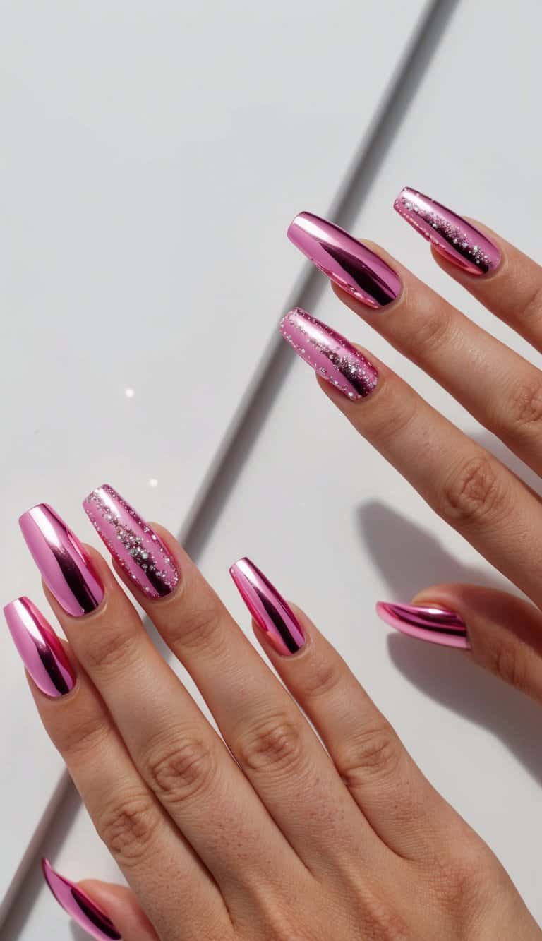 Tiny silver sparkles on a shimmering pink chrome base on accent nails