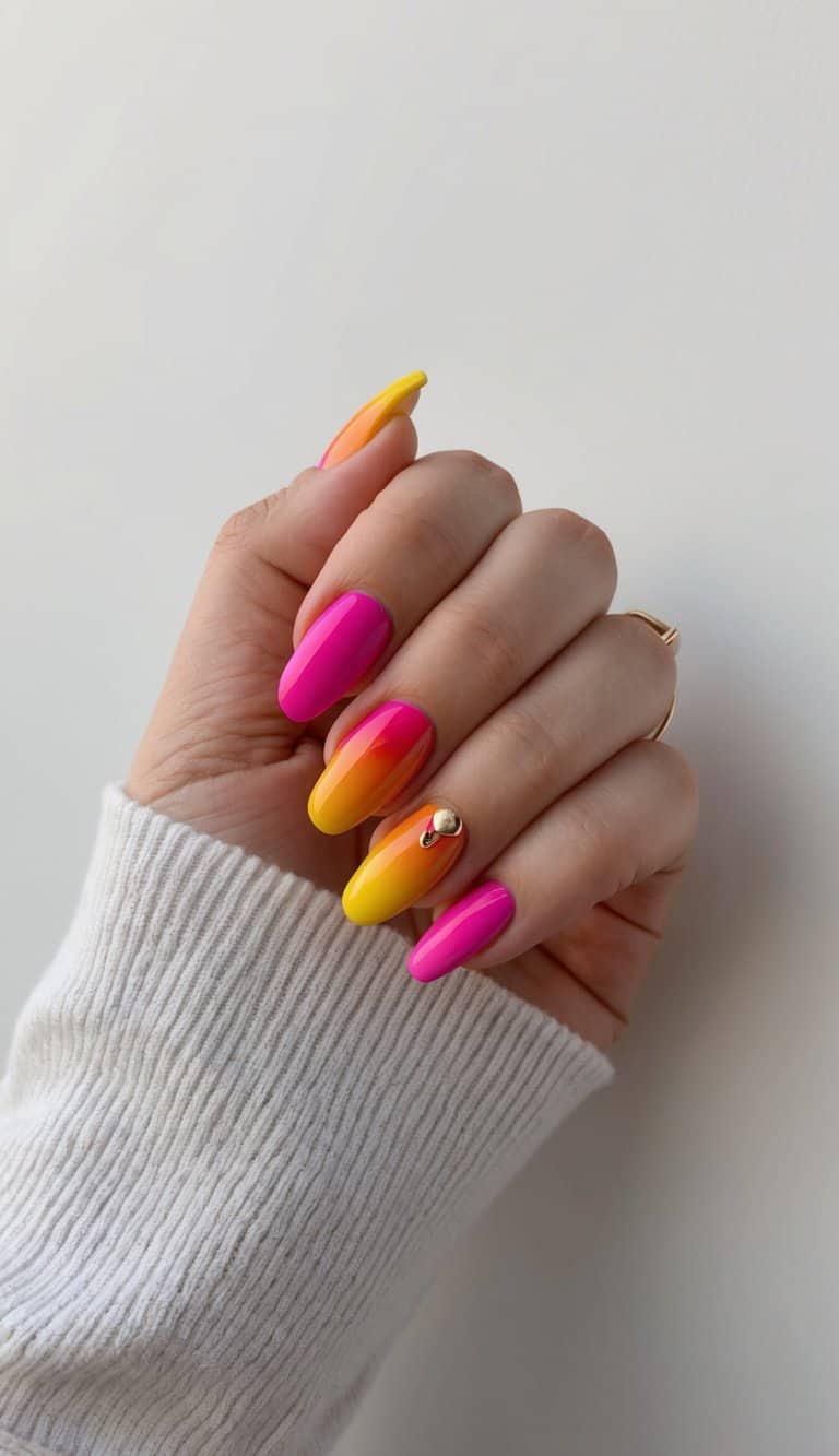 Vibrant sunset ombre nails on a clean, modern background