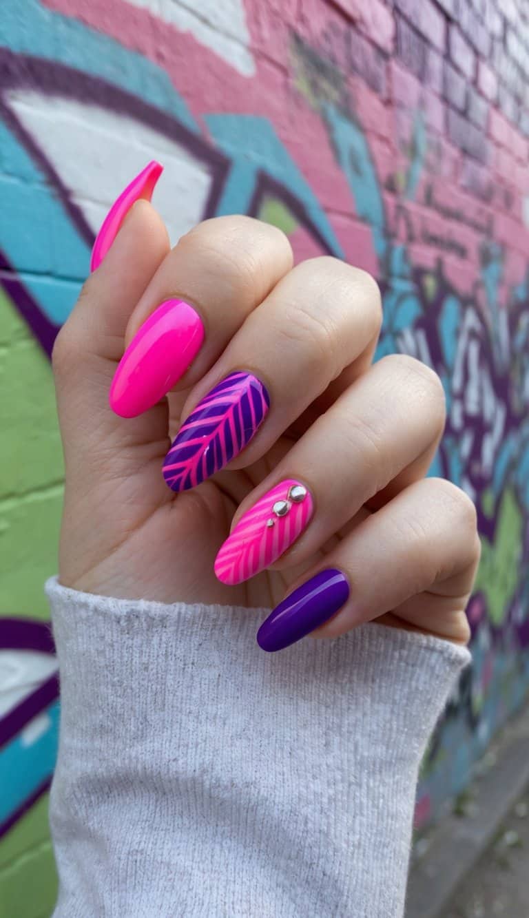 Vibrant pink and purple nail art designs on a graffiti-covered wall