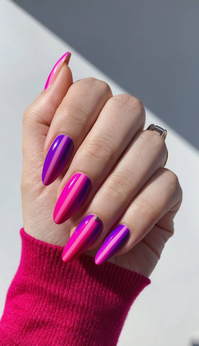 Vibrant pink and purple gradient stripes on nails