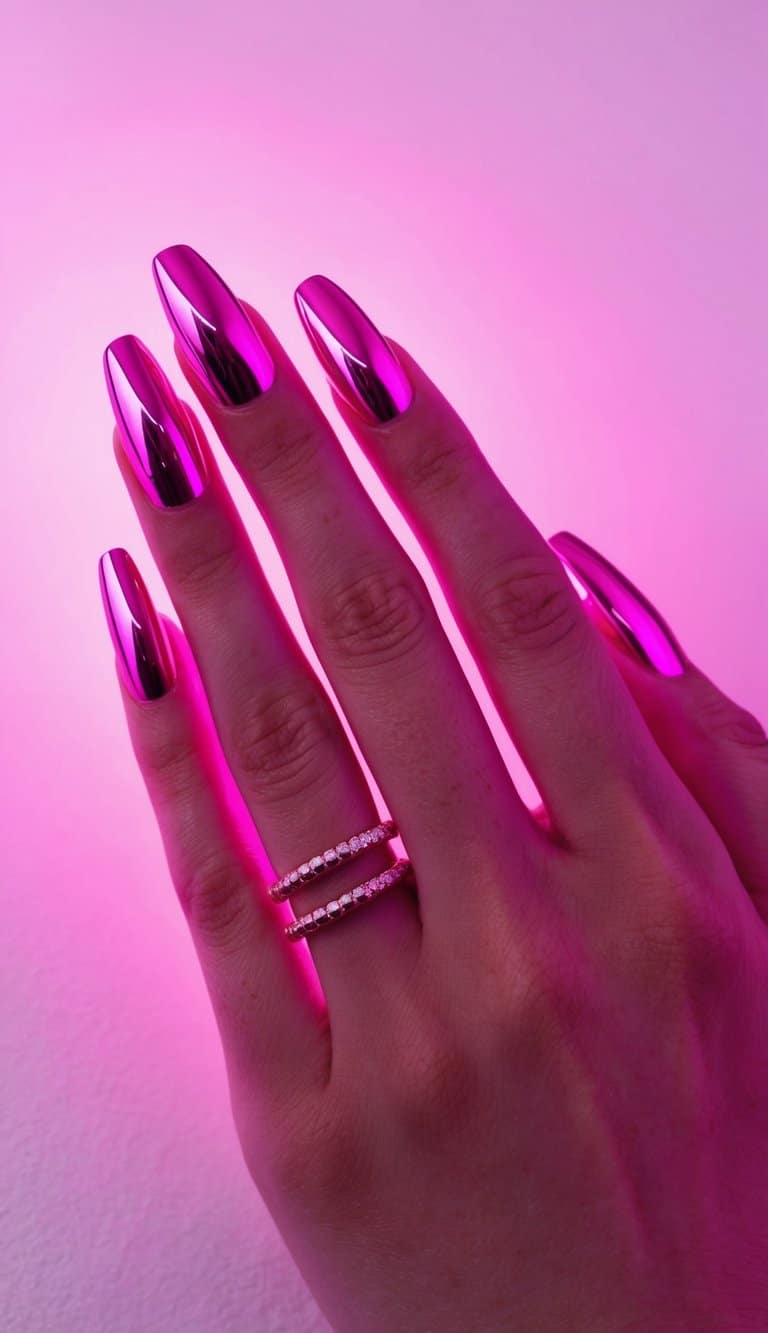 A close-up of neon pink chrome nails glowing under a neon pink light