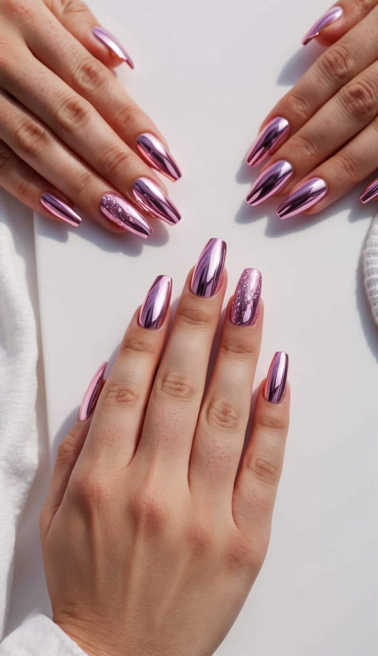 Rose pink chrome nails, paired with an accent nail featuring pink sparkles for extra shine