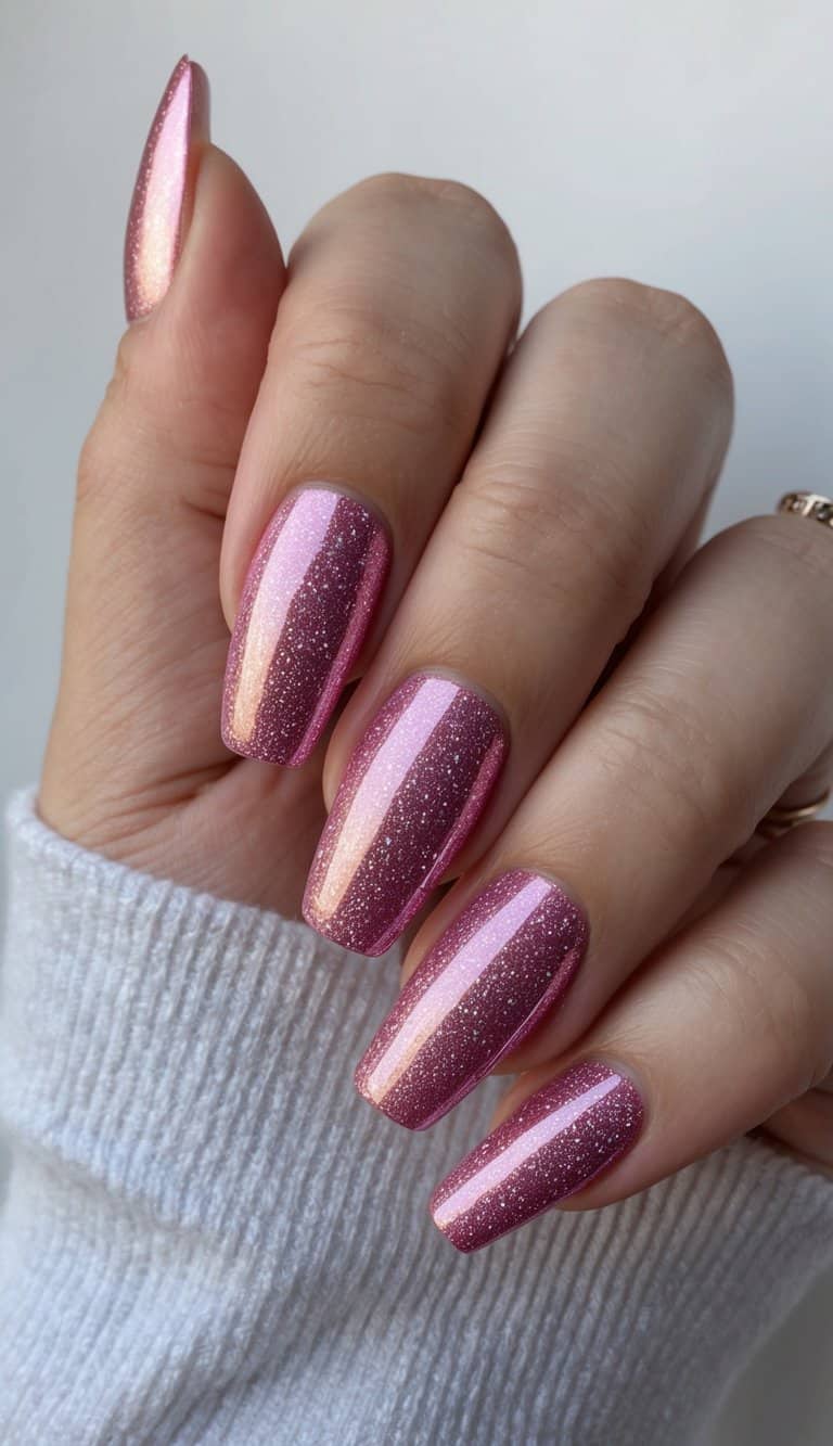 A sparkling pink chrome nail art design, with a stardust effect, shining under the light
