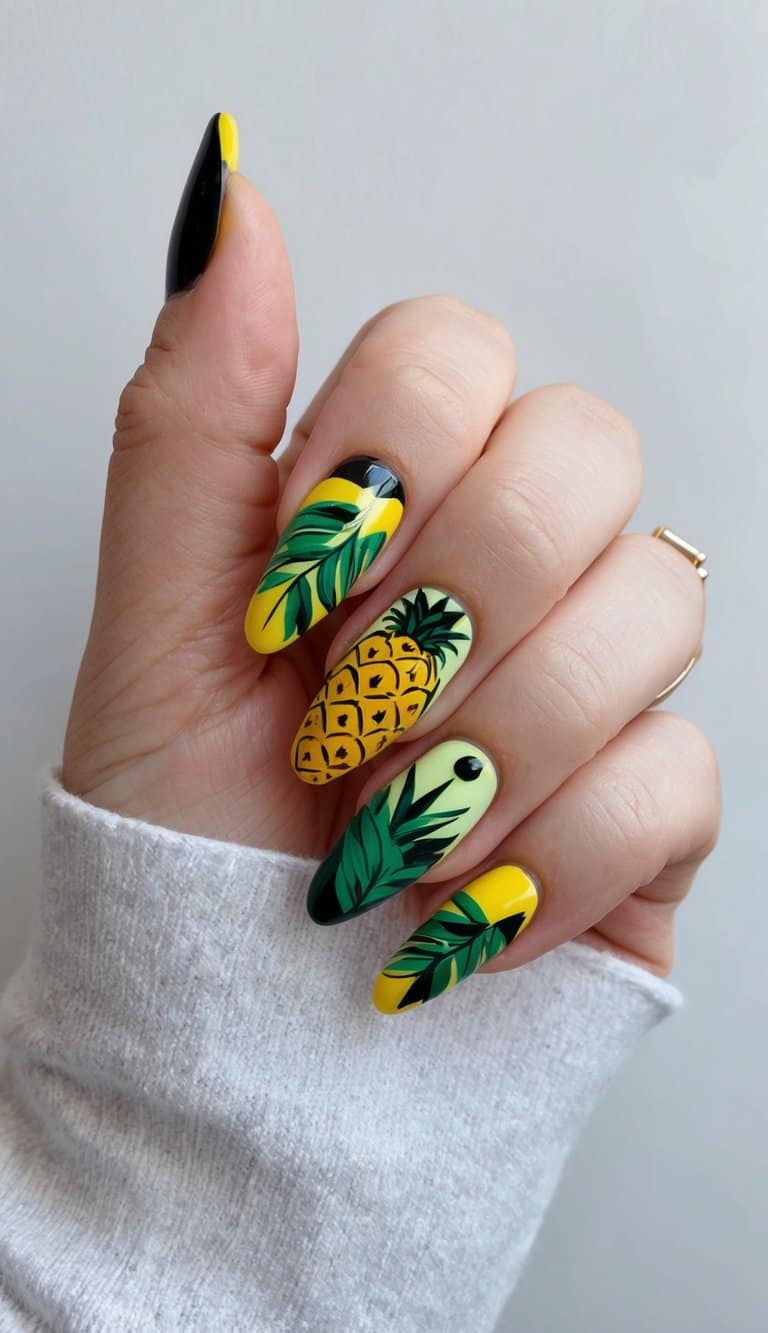 A vibrant pineapple-themed nail art design featuring bold yellow, green, and black colors, with tropical leaves and fruity accents
