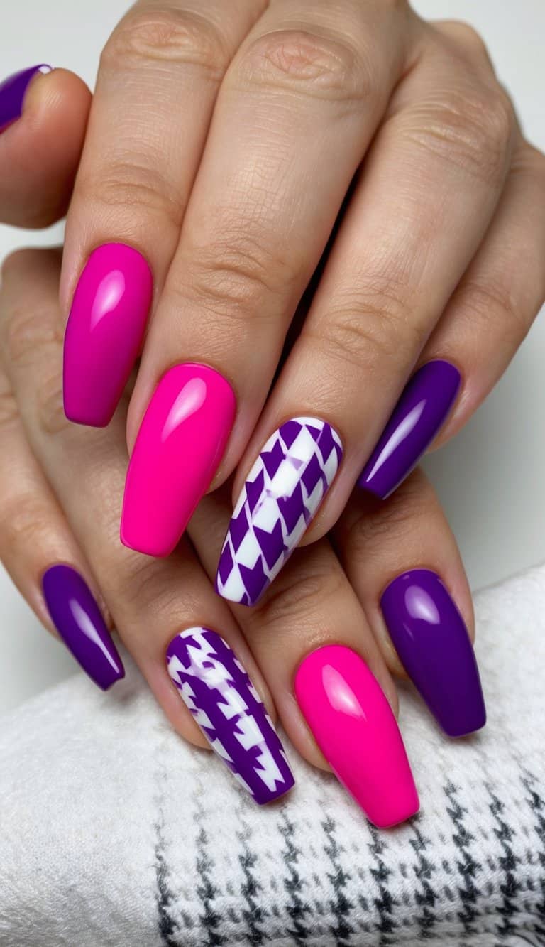 Vibrant pink and purple nail art designs arranged on a houndstooth background with contrasting colors