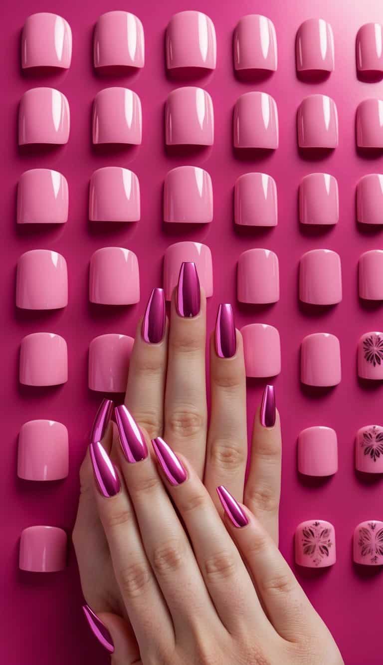 A close-up of 50 pink chrome nail tips arranged in a magenta chrome background, showcasing various intricate nail art designs