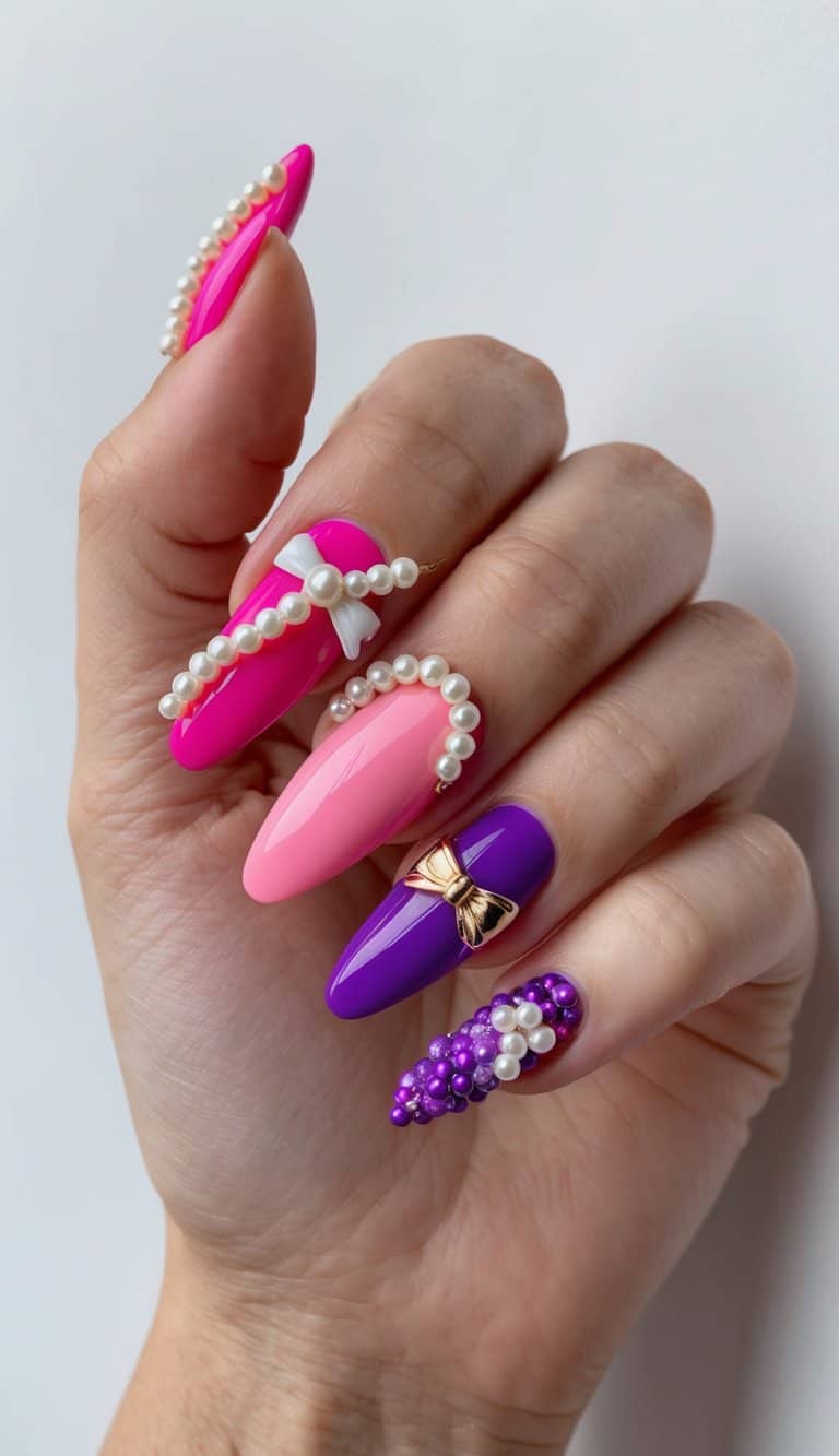 A collection of dainty pearls and bows adorning vibrant pink and purple nail art designs