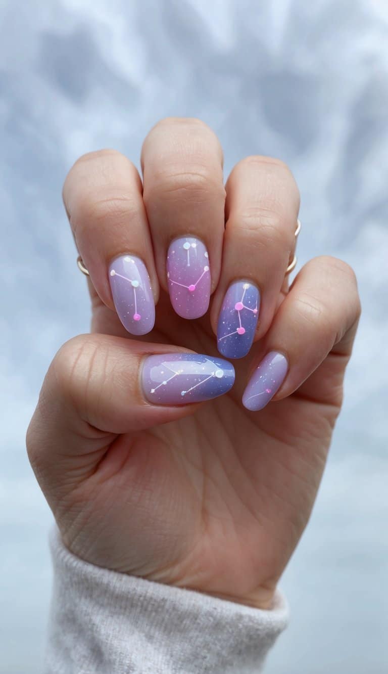 A serene night sky filled with shimmering constellations in shades of pink and purple