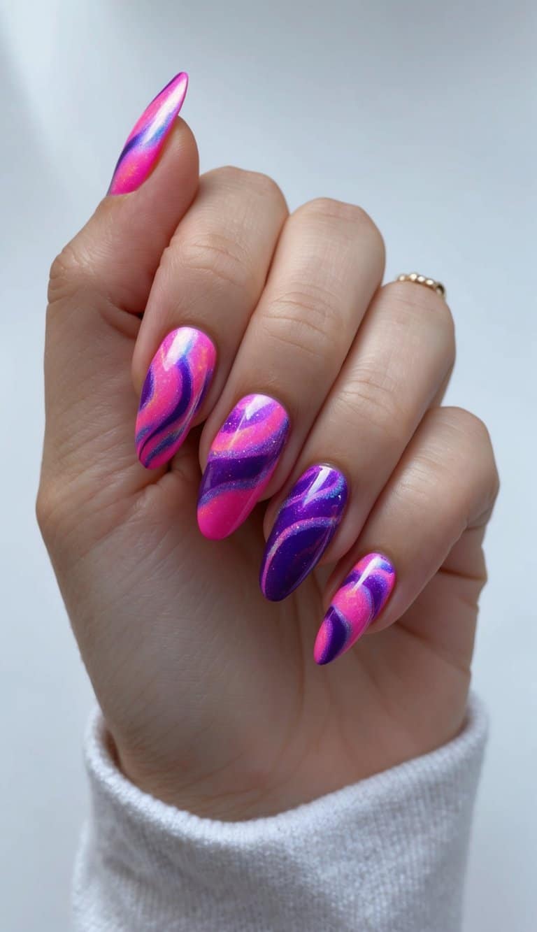 Vibrant holographic cloudburst of pink and purple nail art designs swirling together