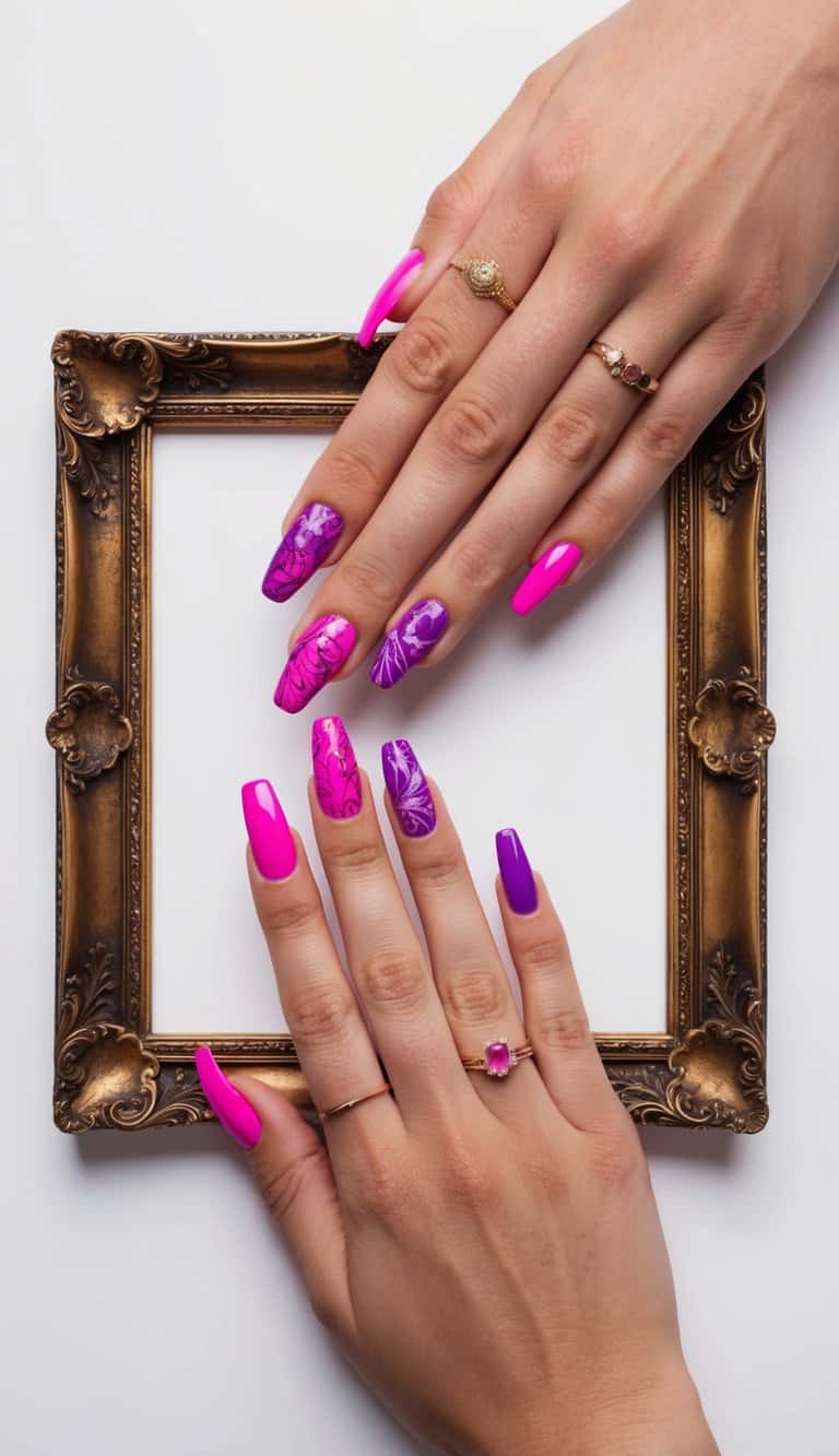 A baroque frame surrounds a collection of vibrant pink and purple nail art designs
