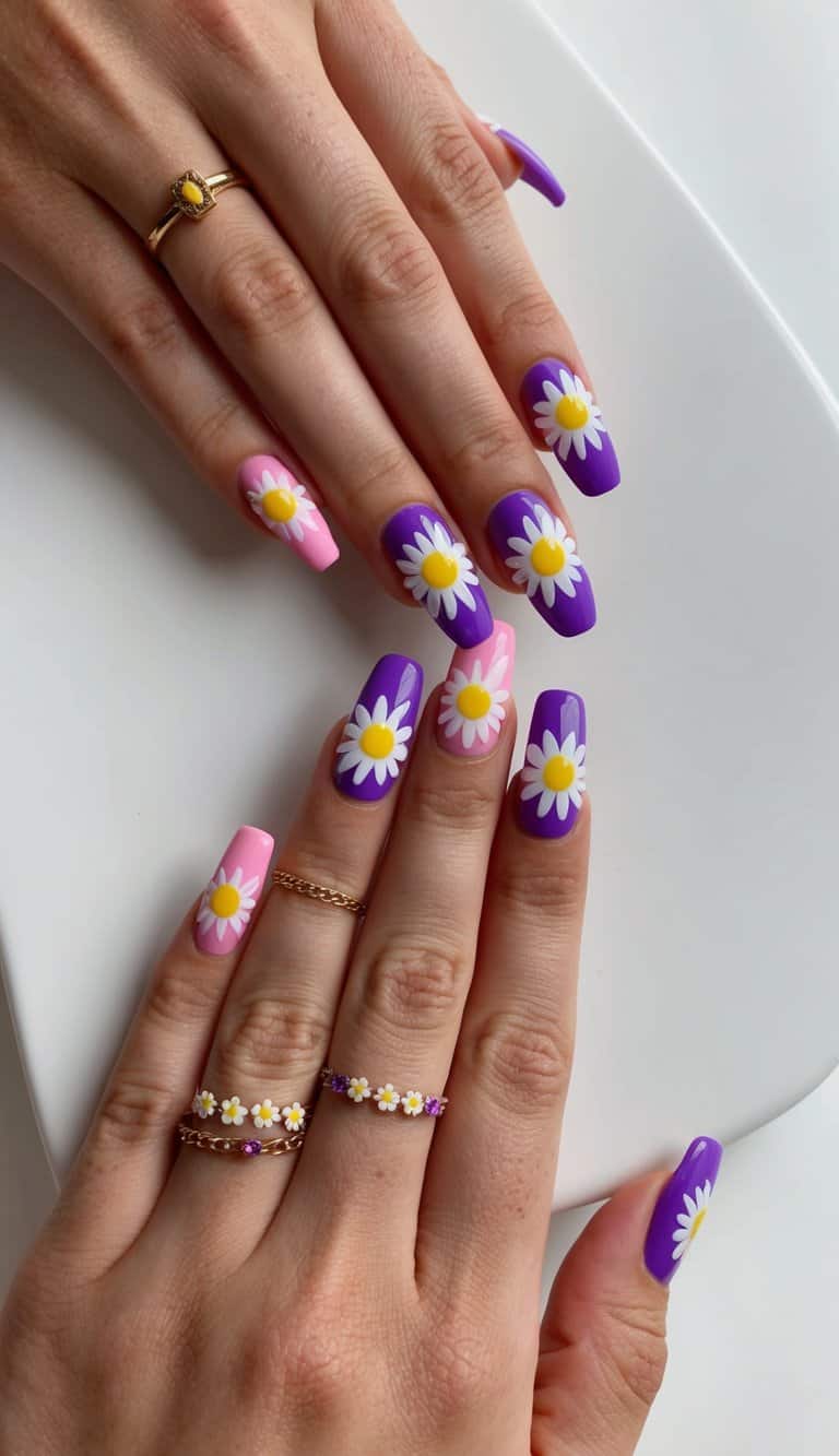 A colorful array of pink and purple daisy chain nail art designs displayed on a clean, white surface