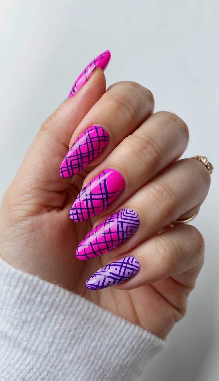 Vibrant pink and purple zentangle shapes interwoven in intricate nail art designs