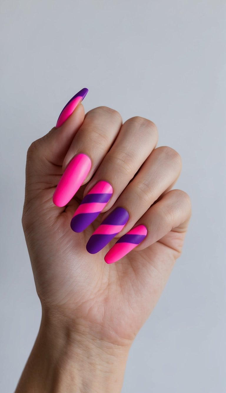 Vibrant pink and purple wavy ribbon bands on nails