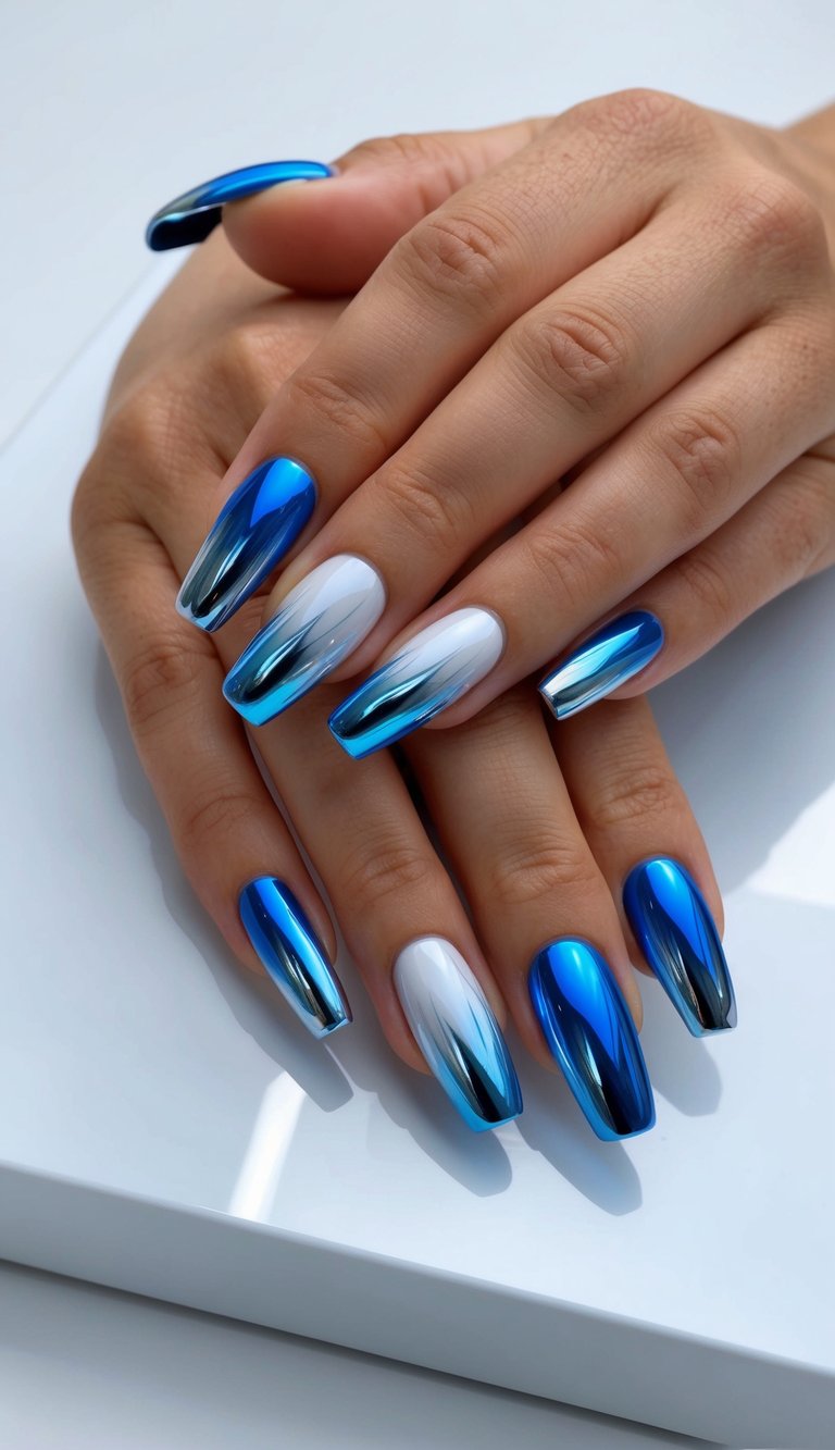 A close-up of various nail tips adorned with ombre blue chrome designs, arranged on a sleek, reflective surface