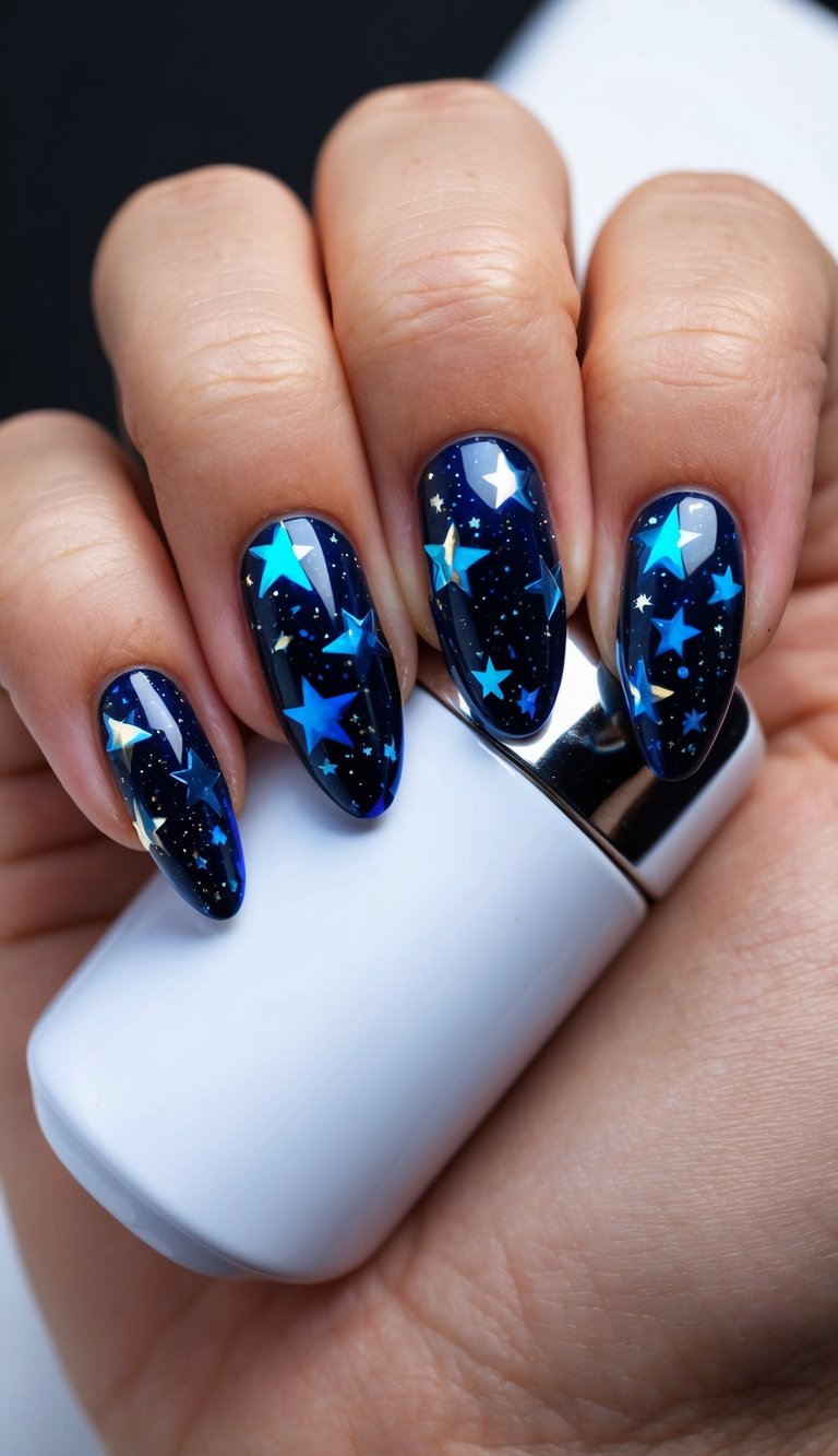 A hand holding a nail with a starry night blue chrome design against a dark background