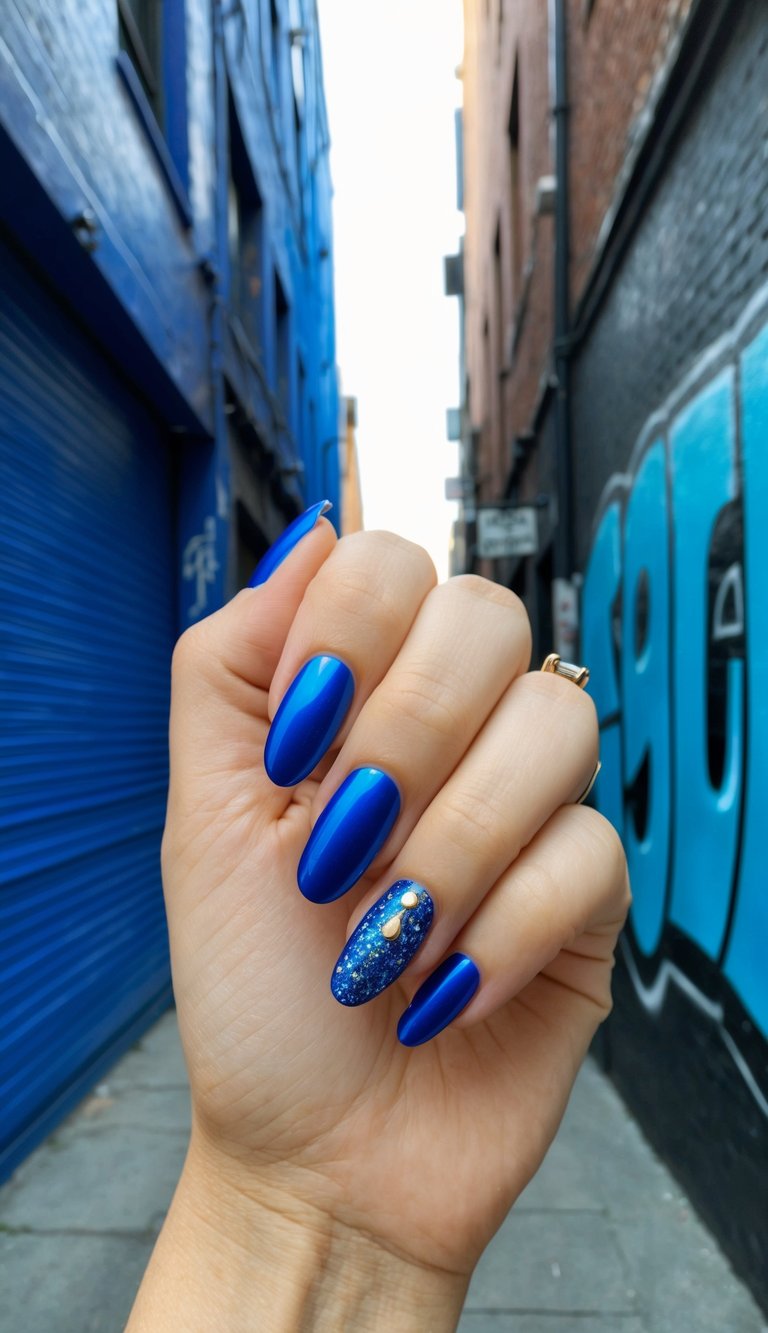 A bustling urban alleyway covered in vibrant blue chrome graffiti