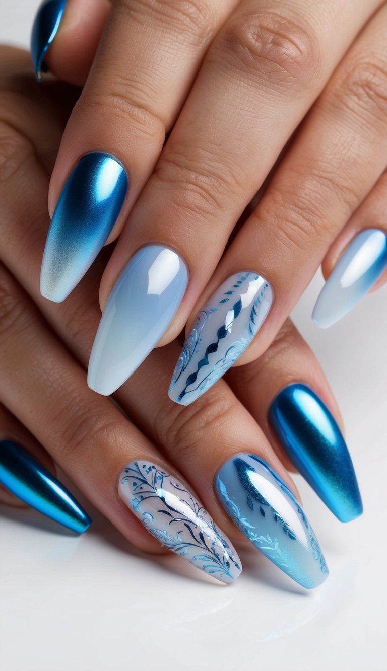 A close-up of misty blue chrome gradients on nails, with various eye-catching designs and patterns