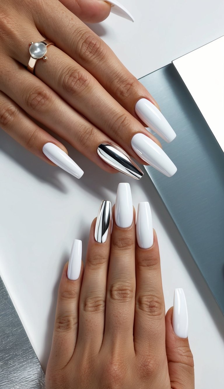 A set of 50 white chrome nail art designs displayed on a sleek and modern background, with a metallic silver foil accent
