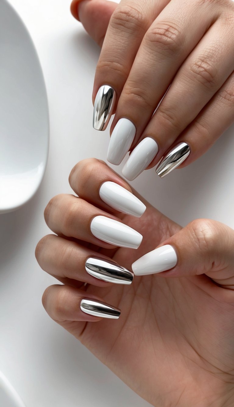 A set of 50 white chrome nail art designs displayed on a sleek and modern background