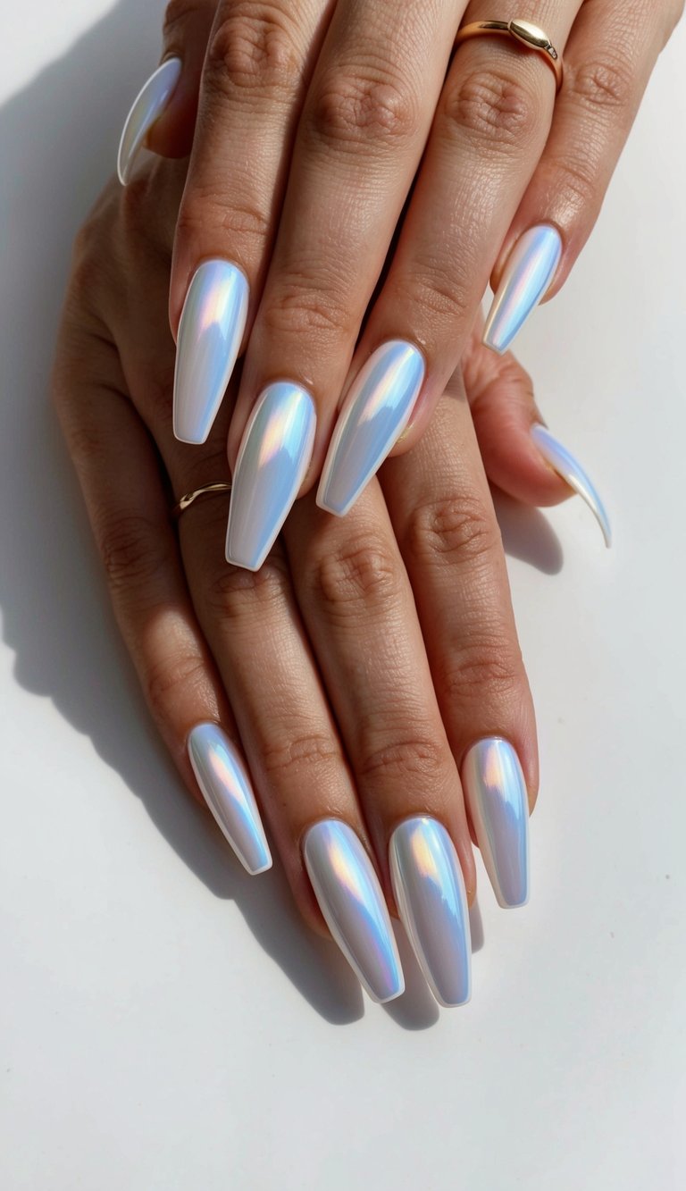 Opalescent white chrome nails gleaming under soft lighting