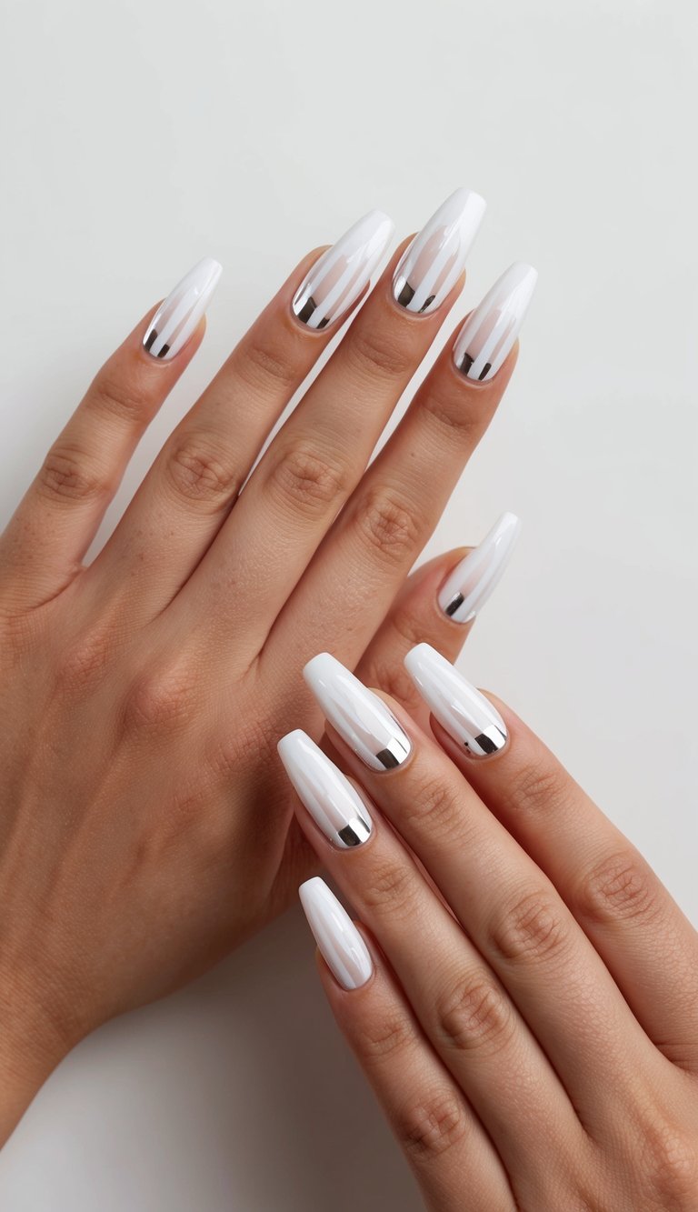 A set of 50 white chrome nail art designs with frosted white stripes, showcasing sleek and sophisticated styles