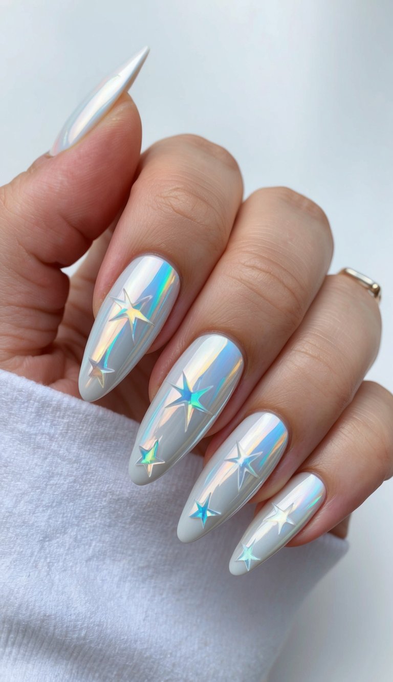 A holographic white chrome star pattern adorns a set of sleek and sophisticated nails