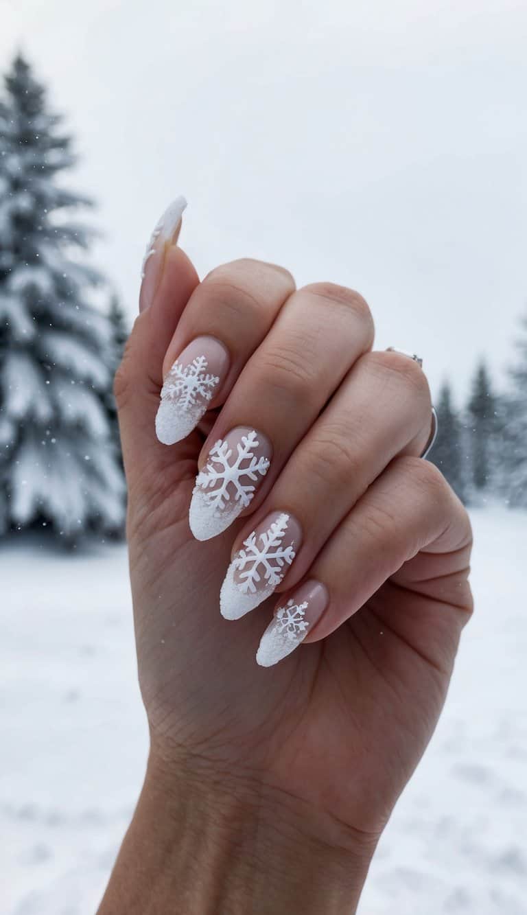 A snowy landscape with elegant snowflakes and shimmering icicles