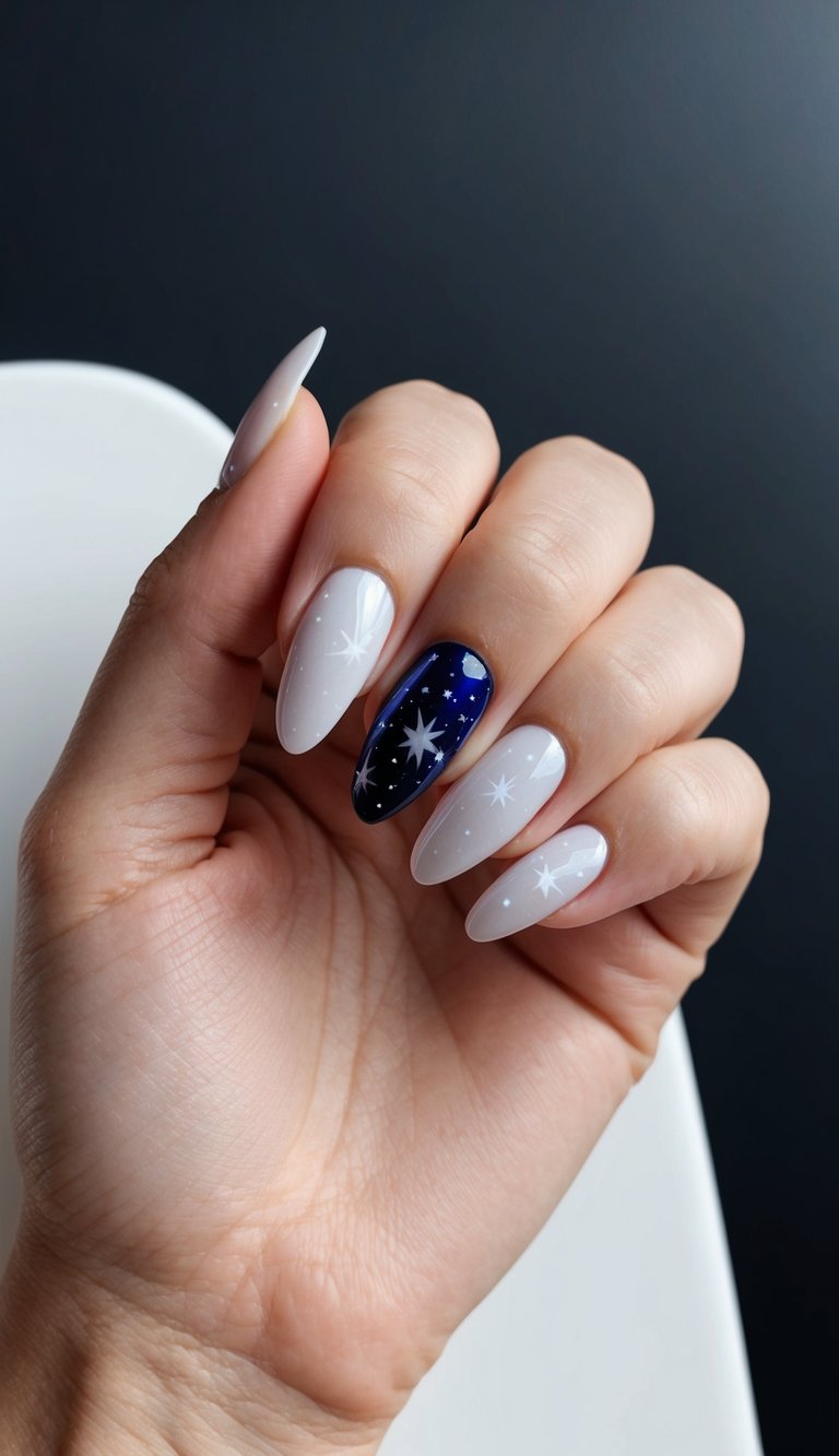 A hand holding a starry night-themed white chrome nail art design against a dark background, showcasing its sleek and sophisticated look