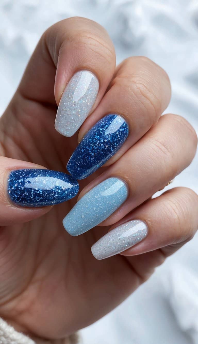 A sparkling gradient of glittery winter nail art, featuring icy blues and frosty whites